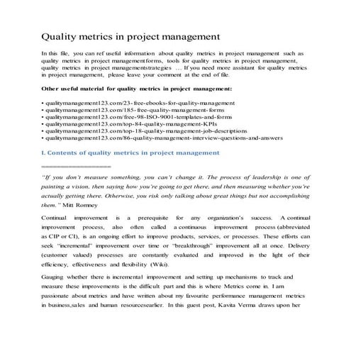 Quality metrics in project management