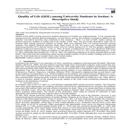 Quality of life (qol) among university students in jordan  a descriptive study