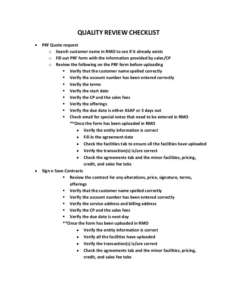 Quality review checklist