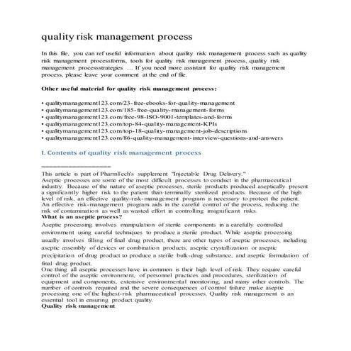 Quality risk management process