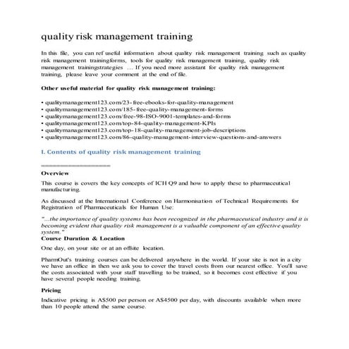 Quality risk management training