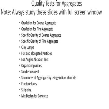 Quality tests for aggregates and concrete mix design