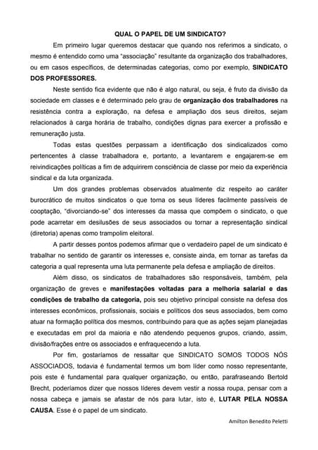 QUAL O PAPEL DE UM SINDICATO