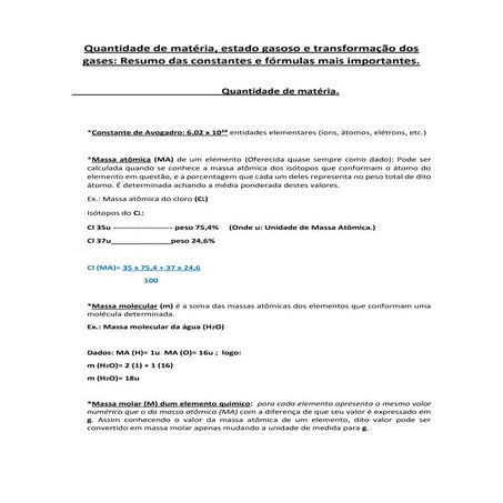 Quantidade de matéria, estado gasoso, transformação dos gases.