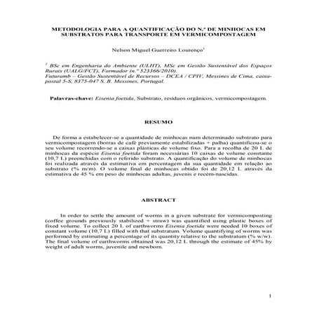 Metodologia para a quantificação do n.º de minhocas em substratos para transp...