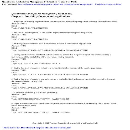 Quantitative Analysis For Management 11th Edition Render Test Bank