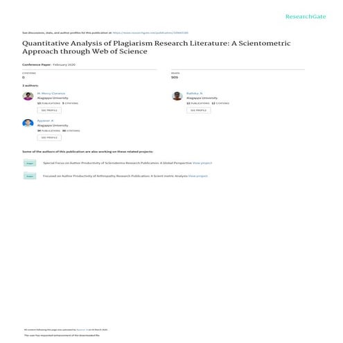Quantitative Analysis of Plagiarism Research Literature A Scientometric Appro...