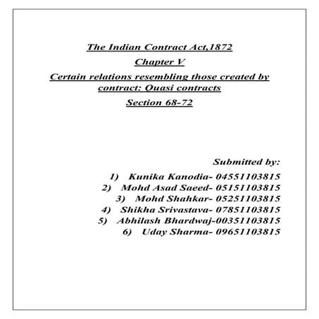 Quasi contracts- Certain Relations Resembling those created by Contract 