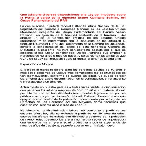 Que adiciona diversas disposiciones a la ley del impuesto sobre la renta