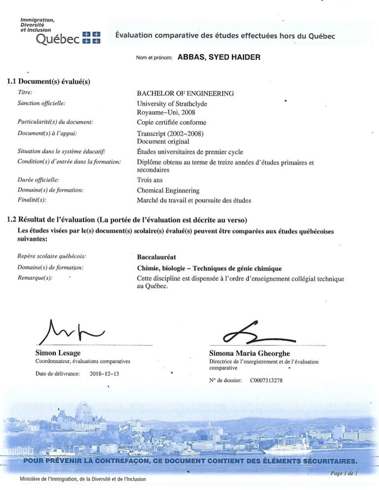 Evaluation Comparative Des Etudes Effectuees Hors Du Quebec