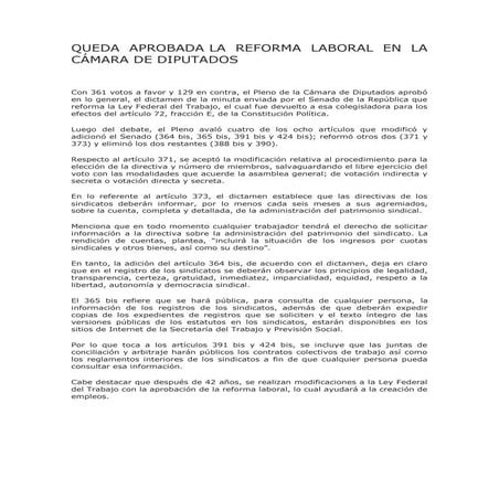Queda aprobada la reforma laboral en la cámara de diputados