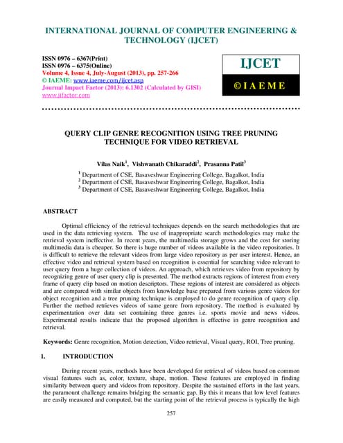 Query clip genre recognition using tree pruning technique for video retrieval