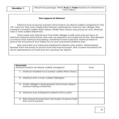 Year 5 KSSR Comprehension Question 