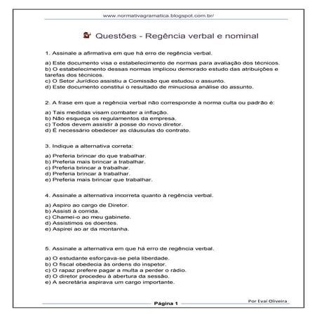 100 EXERCÍCIOS DE REGÊNCIA NOMINAL E VERBAL | DOC