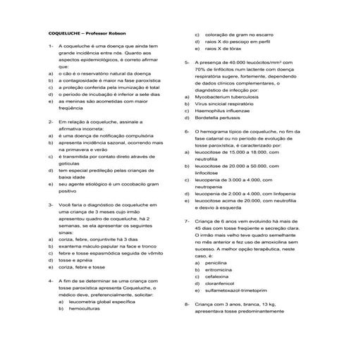 Questões Coqueluche   professor robson