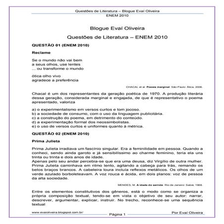 Questões de Literatura - ENEM 2010 | PDF