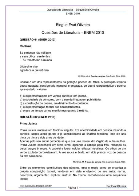 Questões de Literatura - ENEM 2010 | PDF