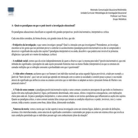 Questões relacionadas com paradigmas e o processo de investigação