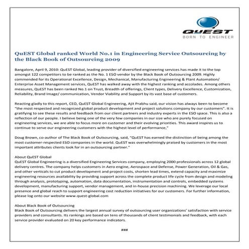 QuEST Global ranked World No.1 in Engineering Service Outsourcing by the Blac...