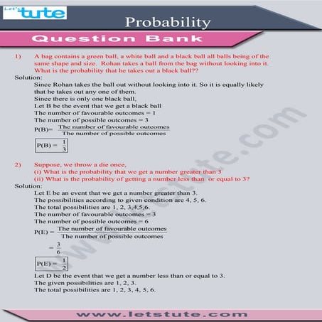 Probability - Question Bank for Class/Grade 10 maths.