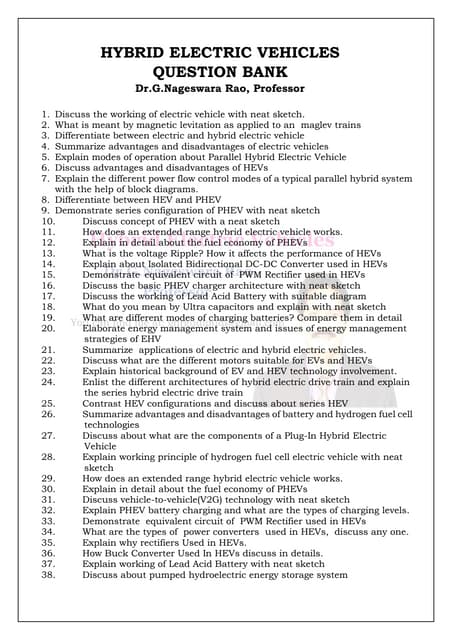 Question Bank on Hybrid Electrical Vehicles