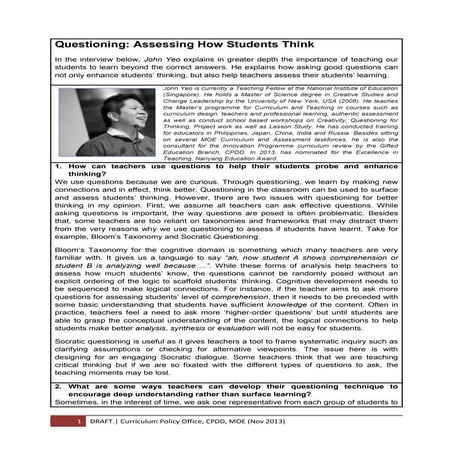 Questioning: Assessing how students think. (An interview with John Yeo)