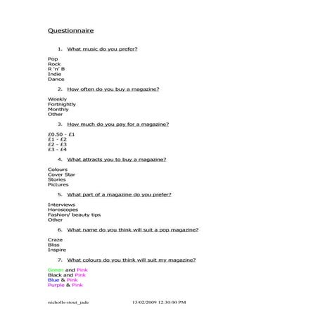 Pop magazine questionnaire | DOCX
