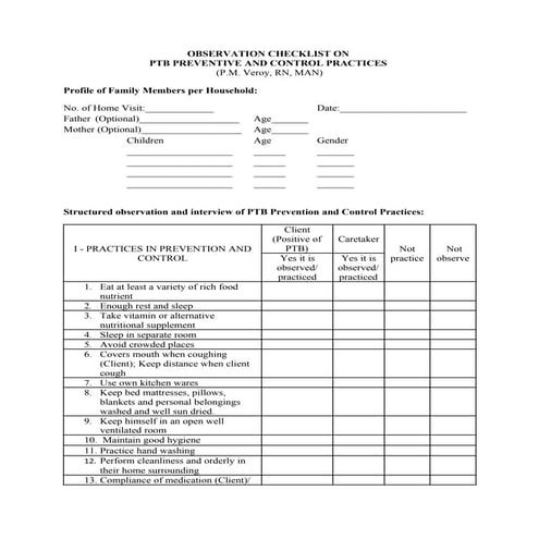 OBSERVATION CHECKLIST ON  PTB PREVENTIVE AND CONTROL PRACTICES  