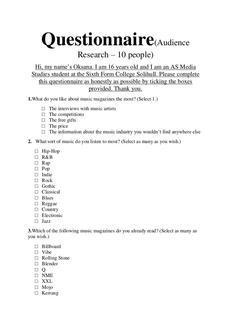 Questionnaire after completing magazine