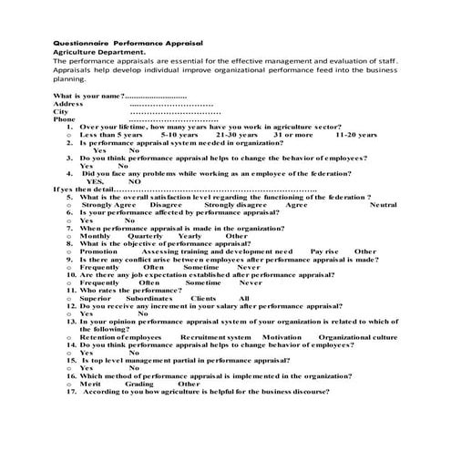 Questionnaire performance appraisal