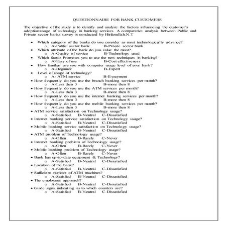 Questionnaire for bank customers