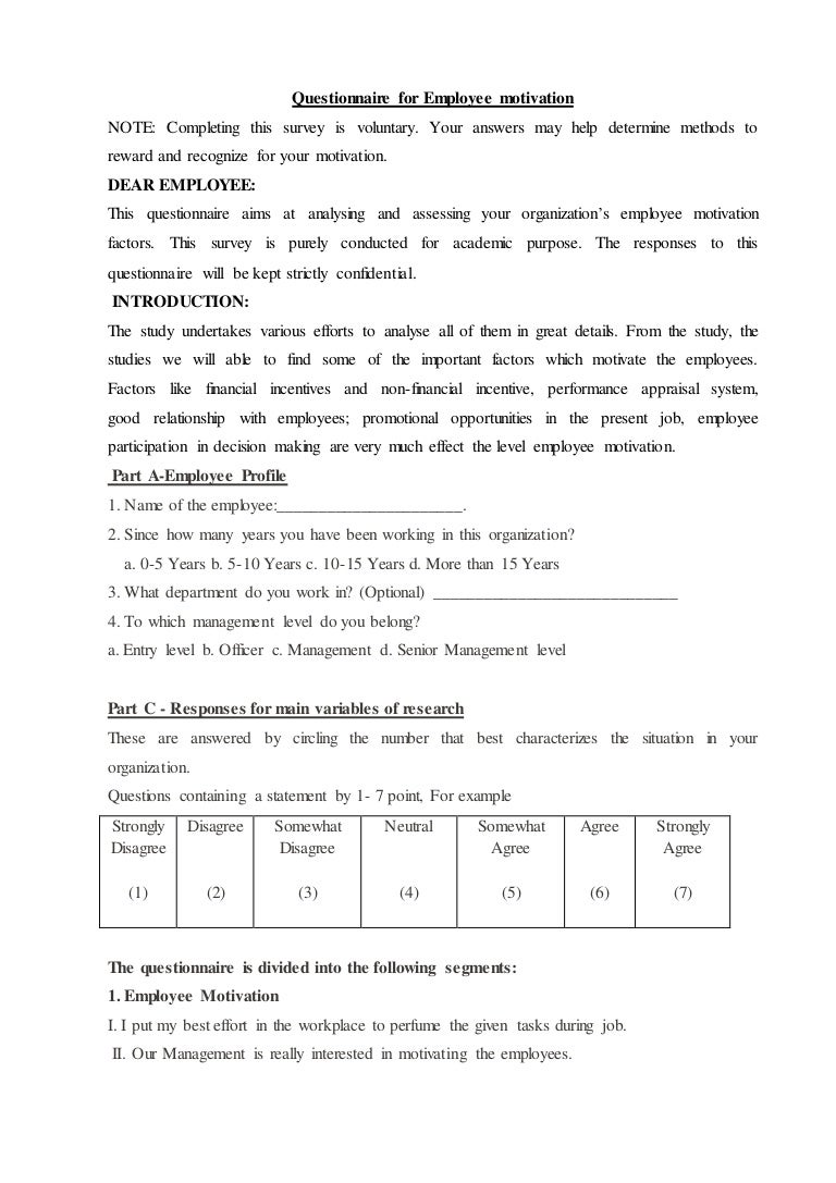 questionnaire for employee motivation sample questionnaire for employee motivation