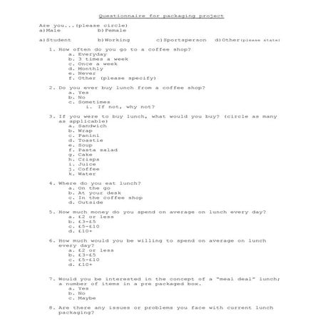 Questionnaire For Packaging Project