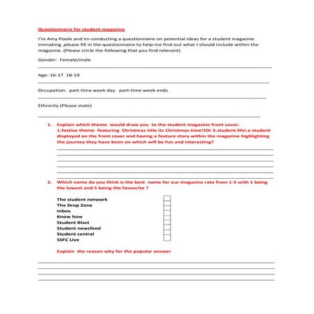 Questionnaire for student magazine