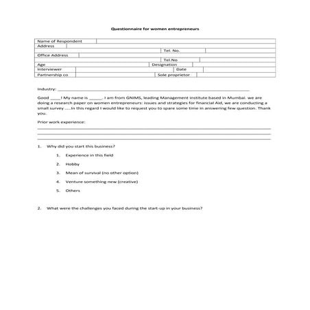 Questionnaire for women entrepeneur