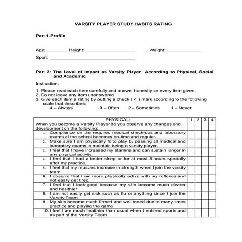 Varsity Player Impact Rating Scale