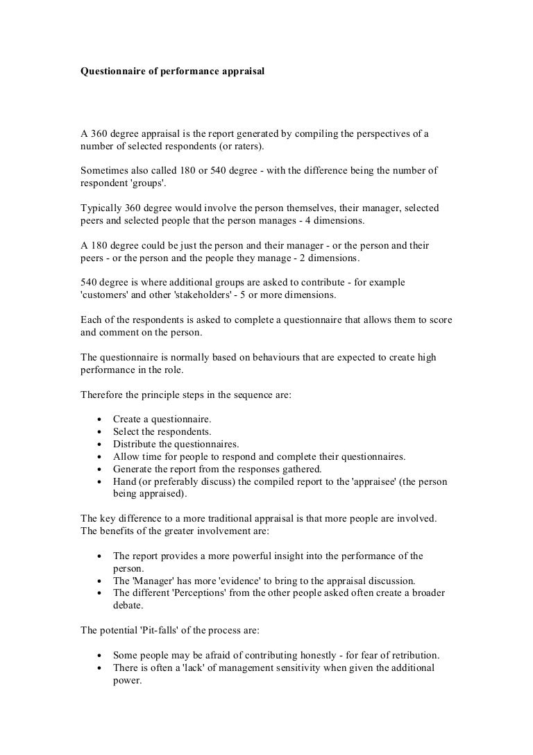 appraisal questionnaire sample Appraisal questionnaire sample.