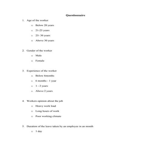 Questionnaire on absenteeism