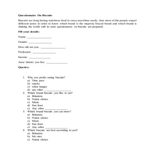 Questionnaire on biscuits