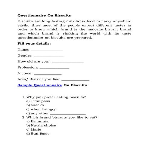 Questionnaire on biscuits