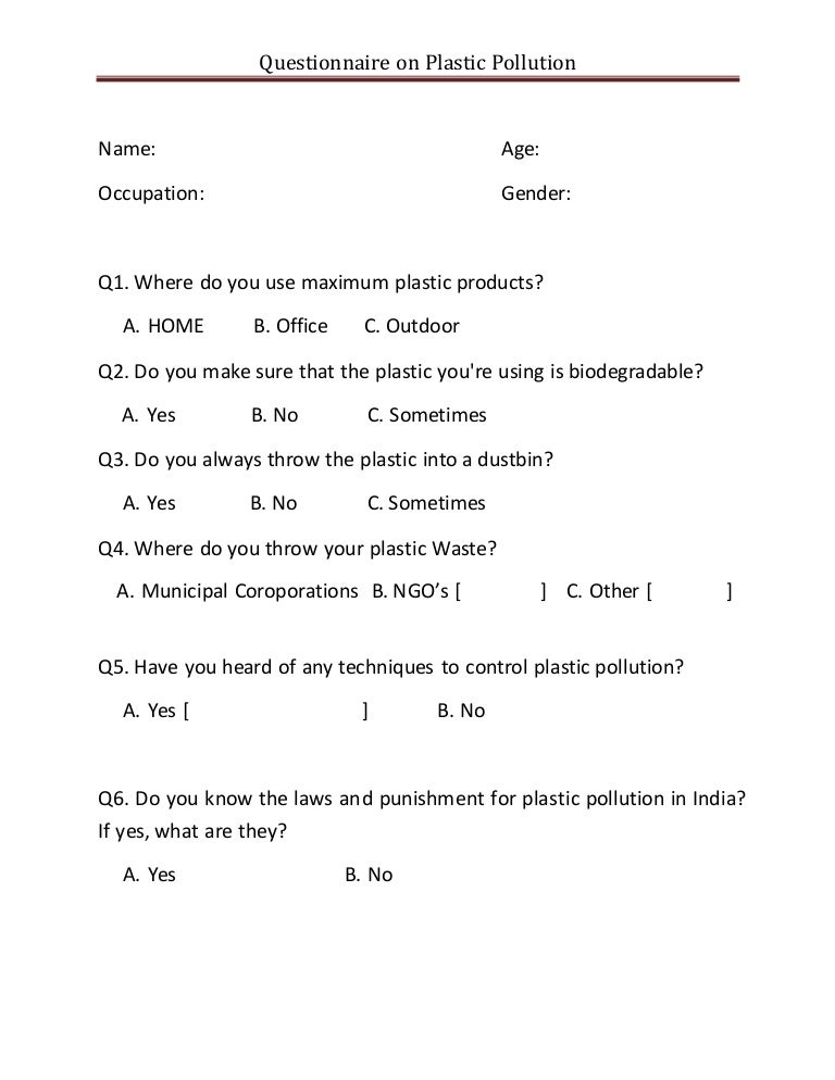 Questionnaire on plastic pollution