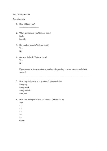 Questionnaire on sweets