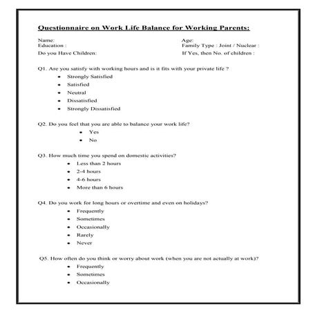 Questionnaire on work life balance for working parents