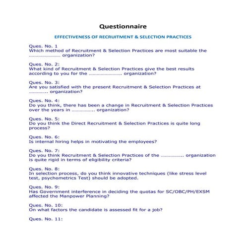 Questionnaire recruitment & selection practices