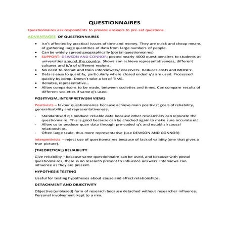 AS SOCIOLOGY UNIT 2 - METHODS - Questionnaires