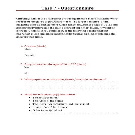 Questionnaire task seven