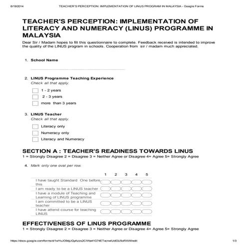 Questionnaire: Teacher's Perception on Implementation of LINUS program in Mal...