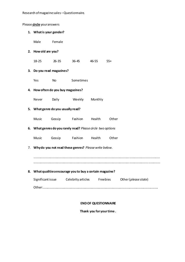 Questionnaire on magazine sales