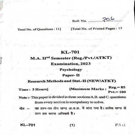 Question Paper 2022 MA Psy Sem2 Research Methods and Stats 2