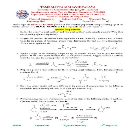Question paper and its solution of supplementary on line test on synthesis